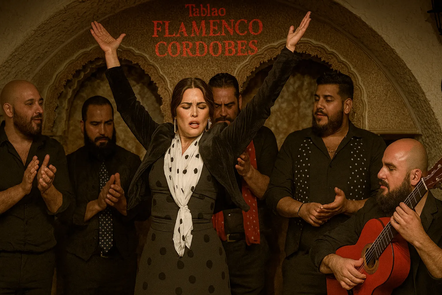 Tablao flamenco en Barcelona, cantaora y guitarristas en directo